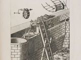 an old book with a drawing of a man standing on a ladder