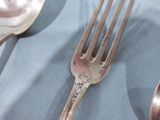a fork, spoon, and spoon rest on a blue table cloth