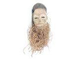 a wooden mask with a long beard on a white background