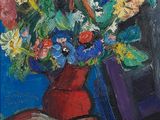 painting of a vase of flowers on a table with a chair in the background