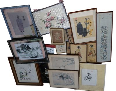 CHINE lot de pièces encadrées comprenant gravures, aquarelle et soie. - Photo 1