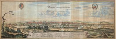 tableau représentant une vue d'une ville, avec une ville au premier plan