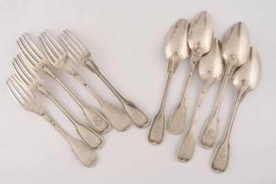 six forks and six spoons sitting next to each other on a white surface