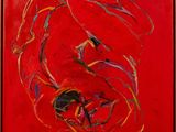 peinture abstraite représentant une femme en robe rouge sur fond rouge