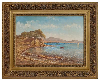 a painting of a beach scene with a boat in the water