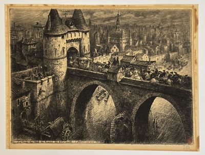 drawing of a city with a bridge and a castle in the background