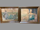 two framed paintings of a woman and a man in a landscape