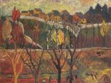 une image d'un tableau représentant un paysage avec des arbres au premier plan