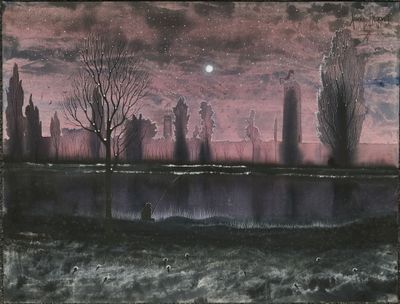 une photo d'un tableau représentant une ville la nuit