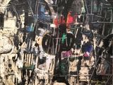 painting of a man walking down a street with an umbrella in his hand