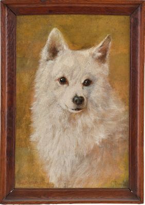 une peinture à l'huile représentant un chien blanc, dans un cadre en bois