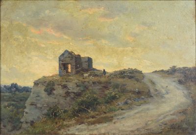 an image of a painting of a small house on a hill
