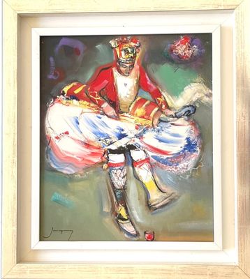 tableau représentant un homme vêtu d'une veste rouge et d'une jupe blanche, assis sur une chaise
