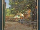 un tableau représentant une scène de rue avec des bancs et des arbres