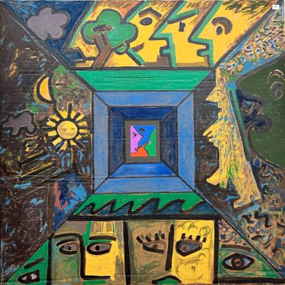 painting of a colorful abstract painting of a building with a sun in the background
