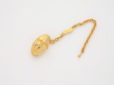 an image of a gold egg charm on a chain on a white surface