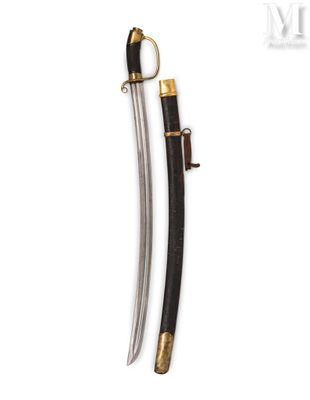 a black and gold sword with a wooden handle on a white background
