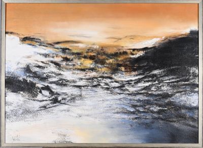 abstract painting of a landscape with orange sky in the background