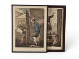 un vieux livre comportant deux illustrations représentant un homme en costume bleu