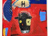 painting of a cow in a red room with blue and yellow accents