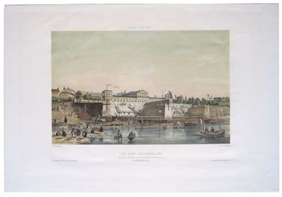 peinture d'une vue d'une ville avec une rivière et un pont