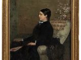 une peinture à l'huile représentant une femme assise sur une chaise, un livre à la main