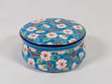 an image of a blue and white box with flowers on it