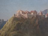 a painting of a castle on top of a mountain