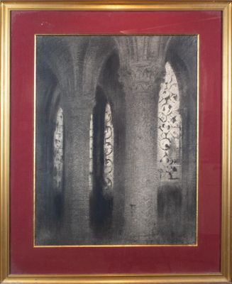 an image of a painting of a church with a red frame