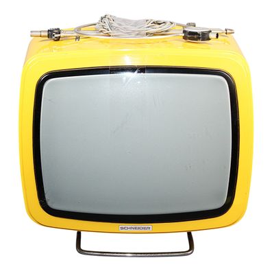a yellow television sitting on top of a metal stand