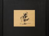 a black and white drawing of a duck with a tennis racket