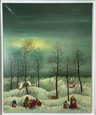 tableau représentant un paysage hivernal avec des personnages dans la neige et un oiseau dans le ciel