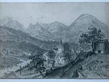 un vieux dessin représentant un village de montagne avec une église au premier plan