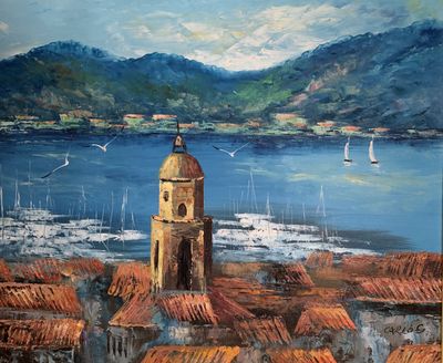 une peinture représentant une vue d'un port avec des bateaux dans l'eau