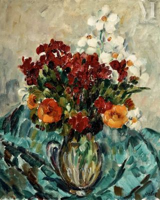 une peinture de fleurs dans un vase sur une table