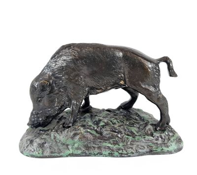 bronze statue of a boar on a rock on a white background
