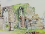 a watercolor painting of a building with a clock on it
