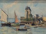 un tableau représentant des bateaux sur l'eau près d'un phare