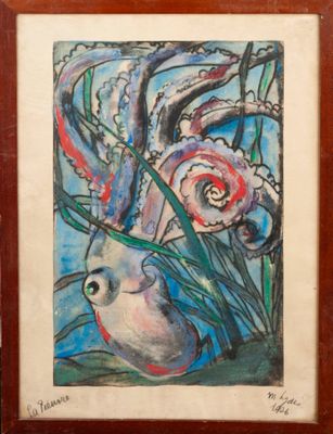 an image of a painting of an octopus and flowers in a vase