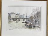 aquarelle encadrée représentant des bateaux sur une rivière, avec un pont en arrière-plan