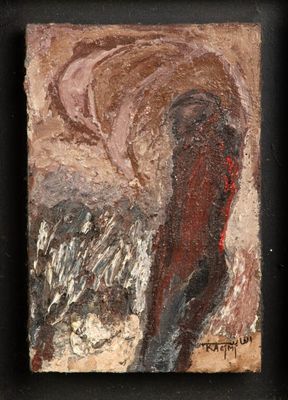 une peinture à l'huile représentant une femme en robe rouge debout devant un fond noir
