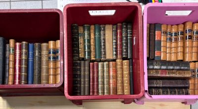 two bins that have books in them on a table