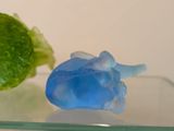 a blue flower sitting on a glass plate next to a green leaf