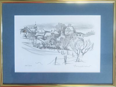 dessin représentant une ferme en hiver, avec une clôture et des arbres au premier plan