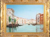 a painting of a canal with gondolas in it
