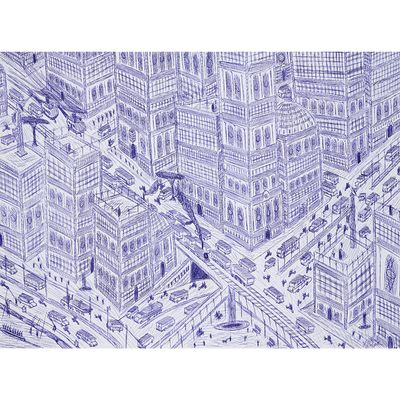drawing of an aerial view of a city with lots of tall buildings