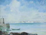 a painting of a boat on the water by the shore