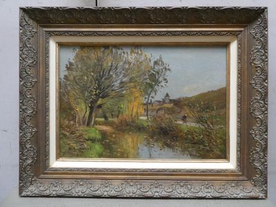 une peinture à l'huile représentant une scène fluviale avec une maison en arrière-plan