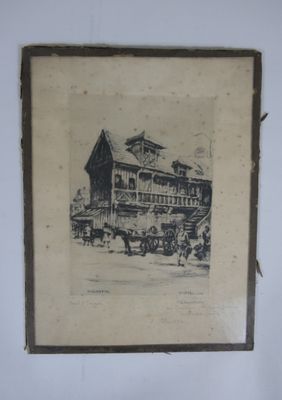 une vieille photo d'un bâtiment devant lequel se trouve une calèche