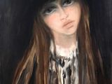 painting of a woman with long hair wearing a black hat